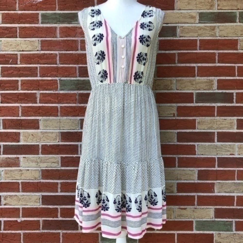 NWT Lucky Brand Luna Border Print Sleeveless Floral Blue Pink Polka Dot Dress 👗